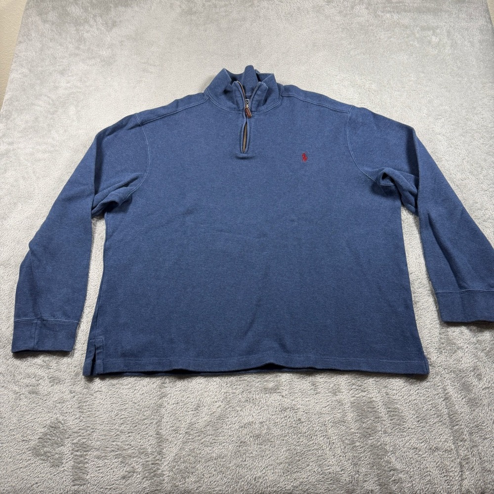 Vintage Polo Ralph Lauren Quarter Zip Pullover Mens XL Blue Cotton Ribbed Knit